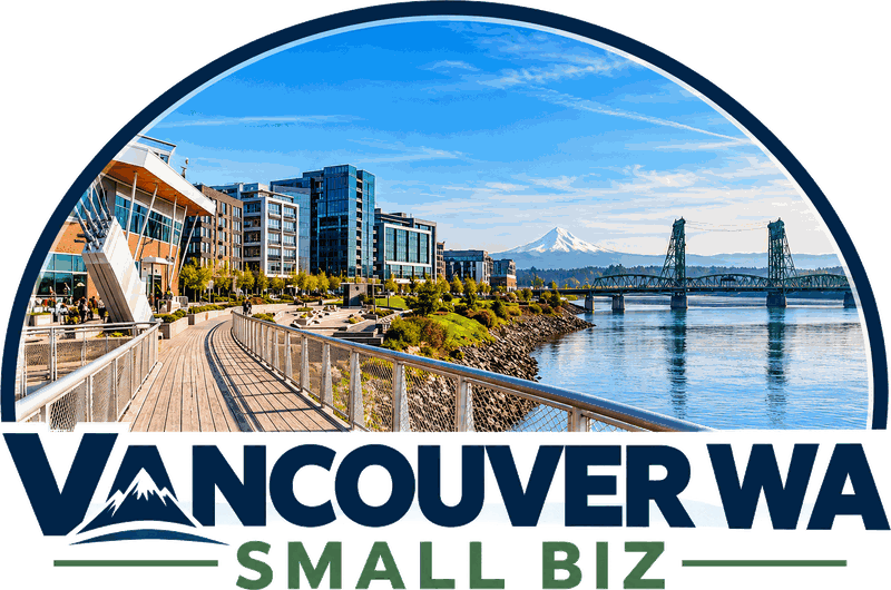 Vancouver WA Small Biz logo: the Vancouver waterfront, Mt Hood and the Interstate Bridge